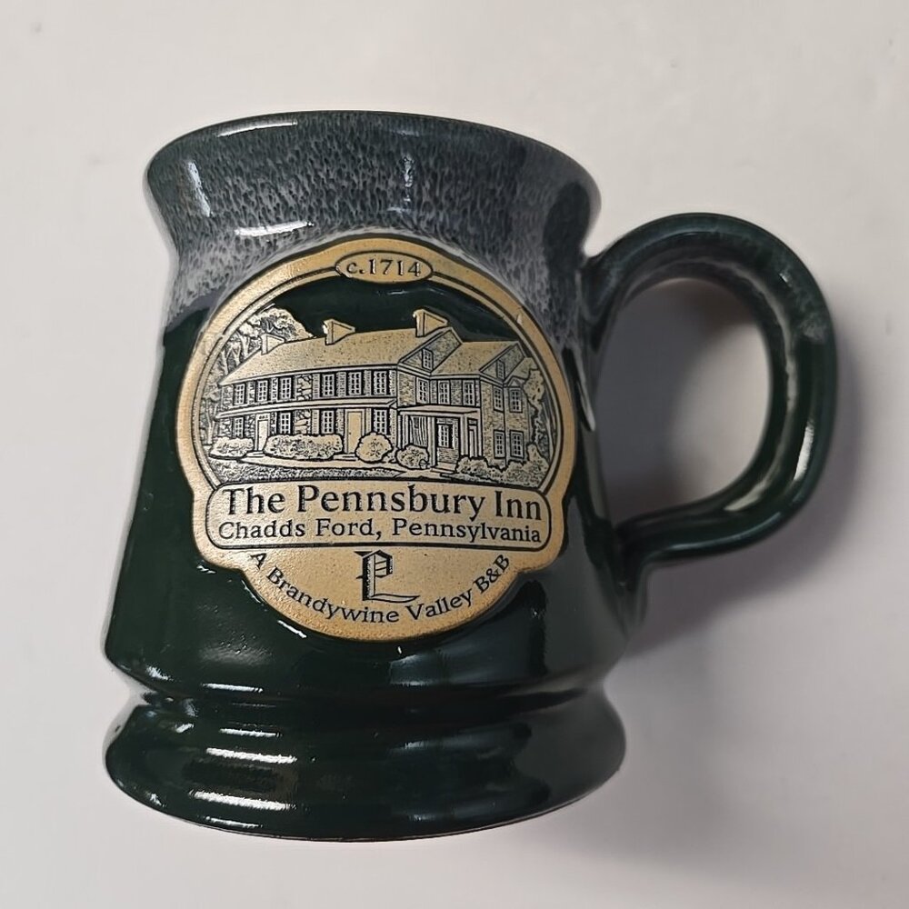 Pennsbury Inn Mug Deneen Handthrown Pottery Green Drip Glaze Chadds Ford, PA